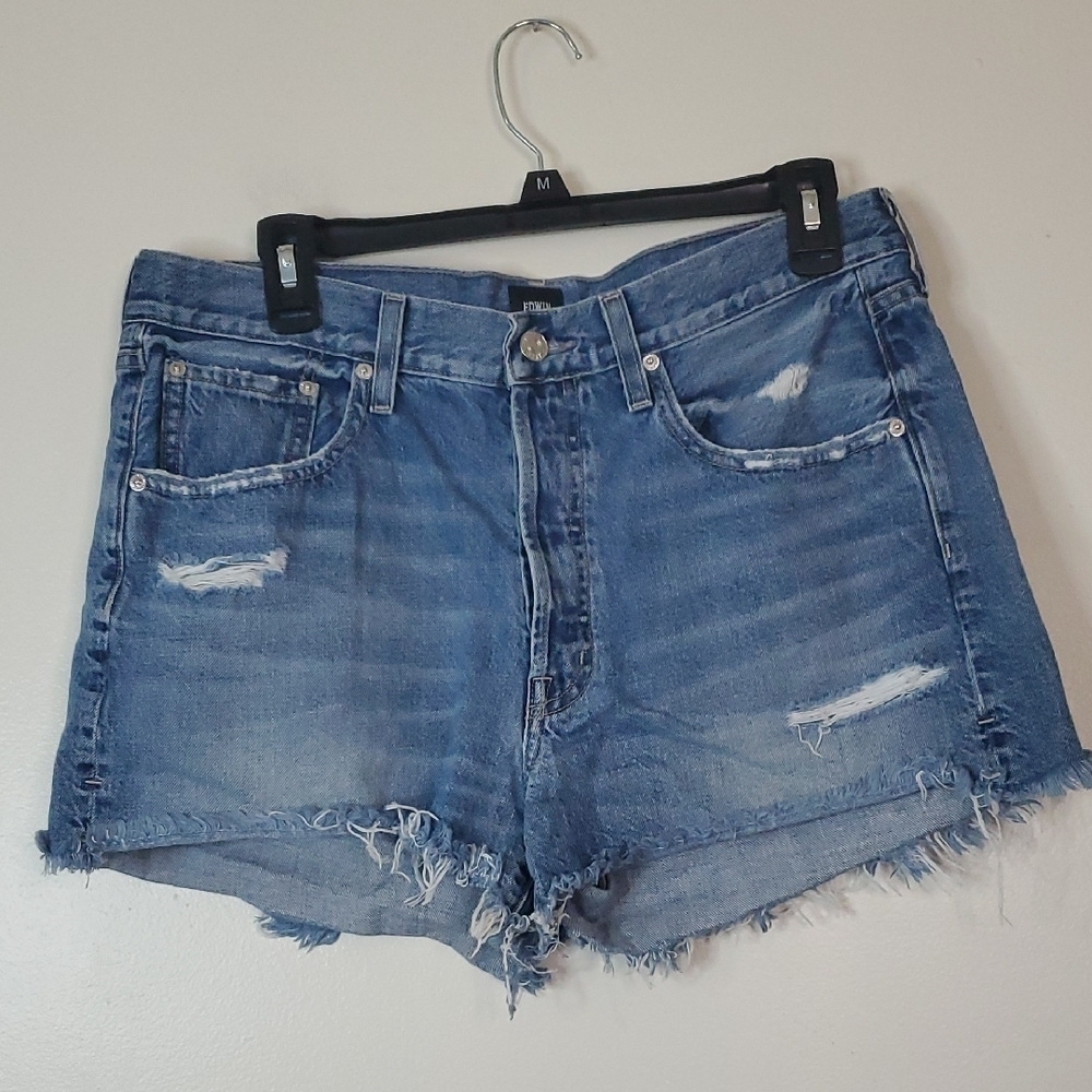 Edwin Cai Cut Off Denim Shorts Size 31 Button Fly Medium Wash Festival Western